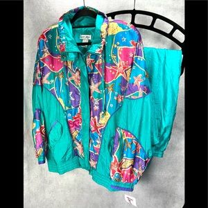 VTG NEW Lavon Windbreaker Suit Jacket & Pants Size XL Teal Blue Nylon Starfish